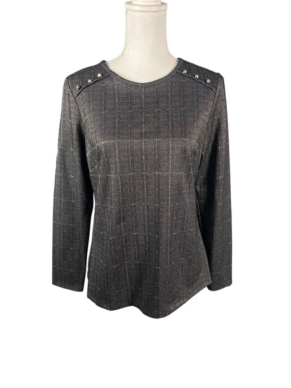 Plaid Long-Sleeve Top With Button Accents Black & Pink Herringbone Pattern Women